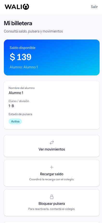 Billetera familiar WALIO con saldo, pulsera y control en tiempo real